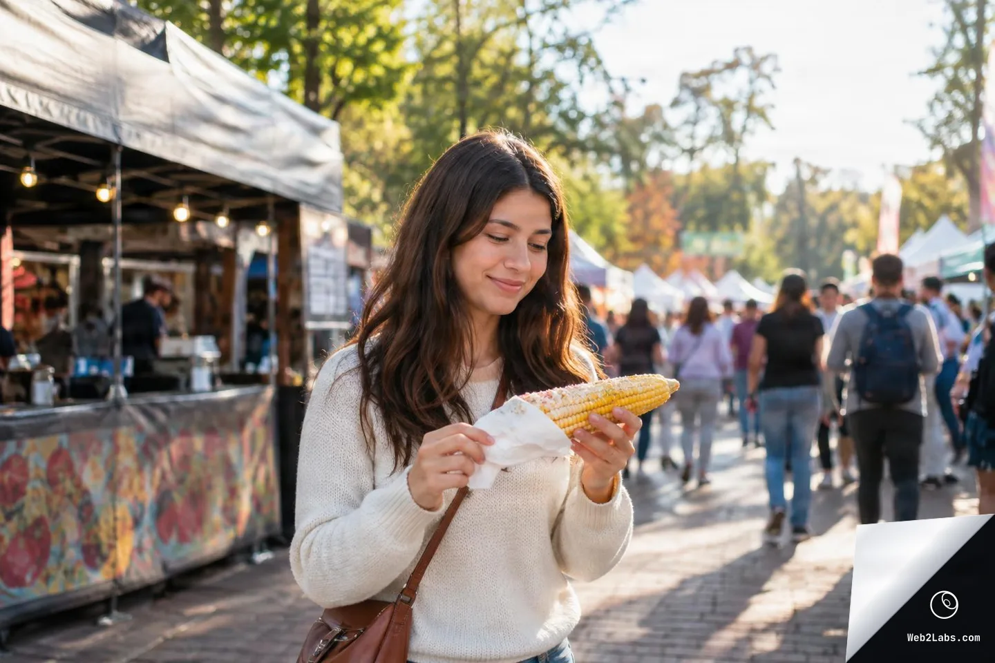 Woman in a cream sweater smiles while holding an ear of corn on a brick walkway at an outdoor street festival with vendor tents and people in the background.