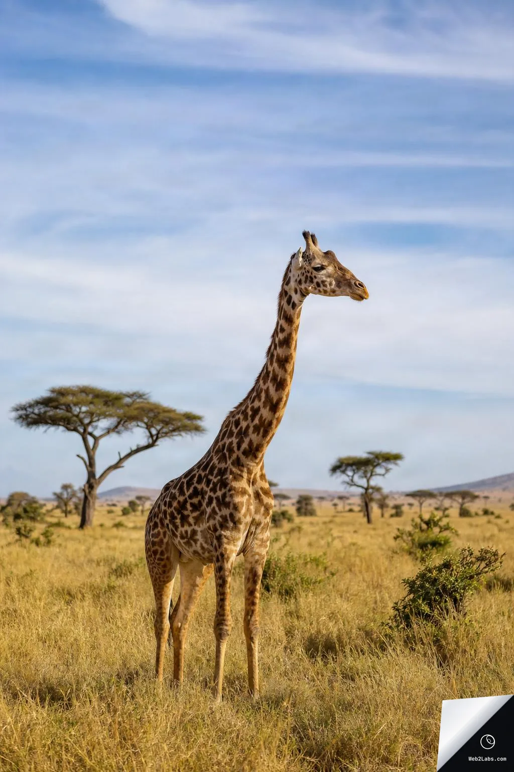 A giraffe standing in tall dry grass on an African savanna with scattered acacia trees and a blue sky overhead, framed vertically with large open sky above the animal.