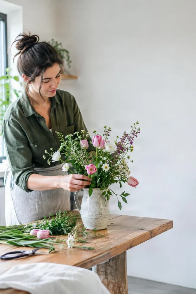 Woman Arranging Spring Flowers