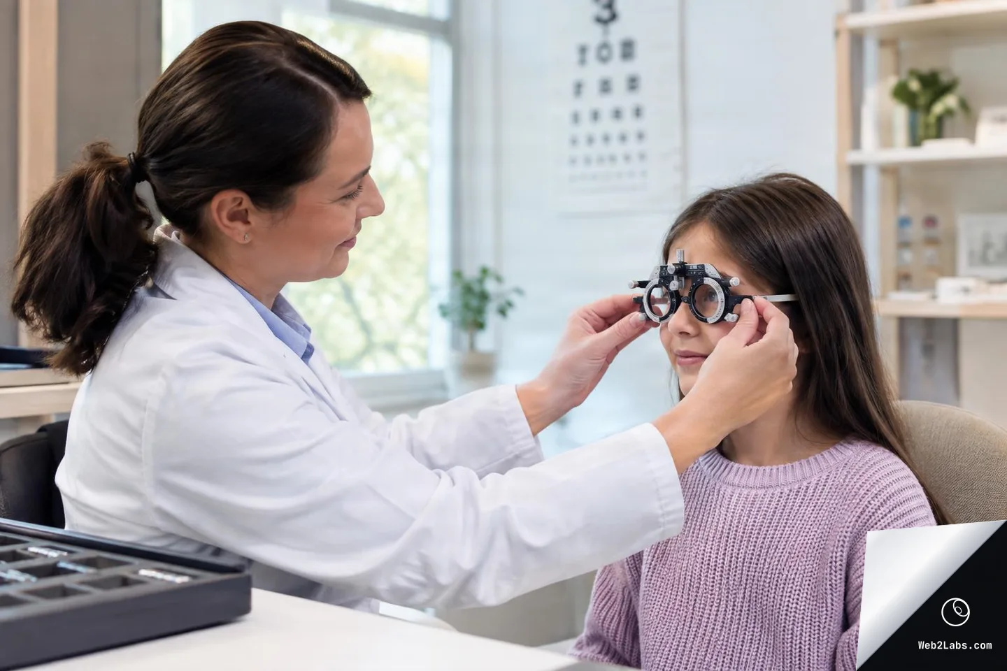 An optometrist in a white coat adjusts a trial frame on a young girl during an eye exam in a bright clinic, with an eye chart softly visible in the background.