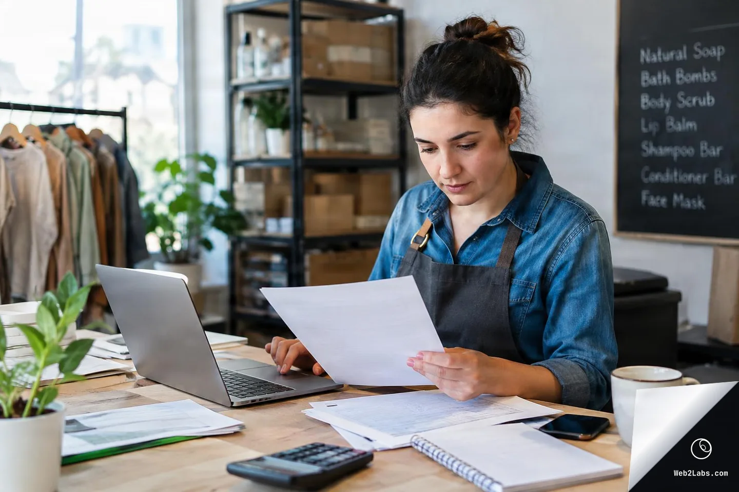 Woman in an apron at a desk looking at a sheet of paper beside an open laptop, with scattered documents, a calculator, a phone, and a coffee mug in a small shop workspace.