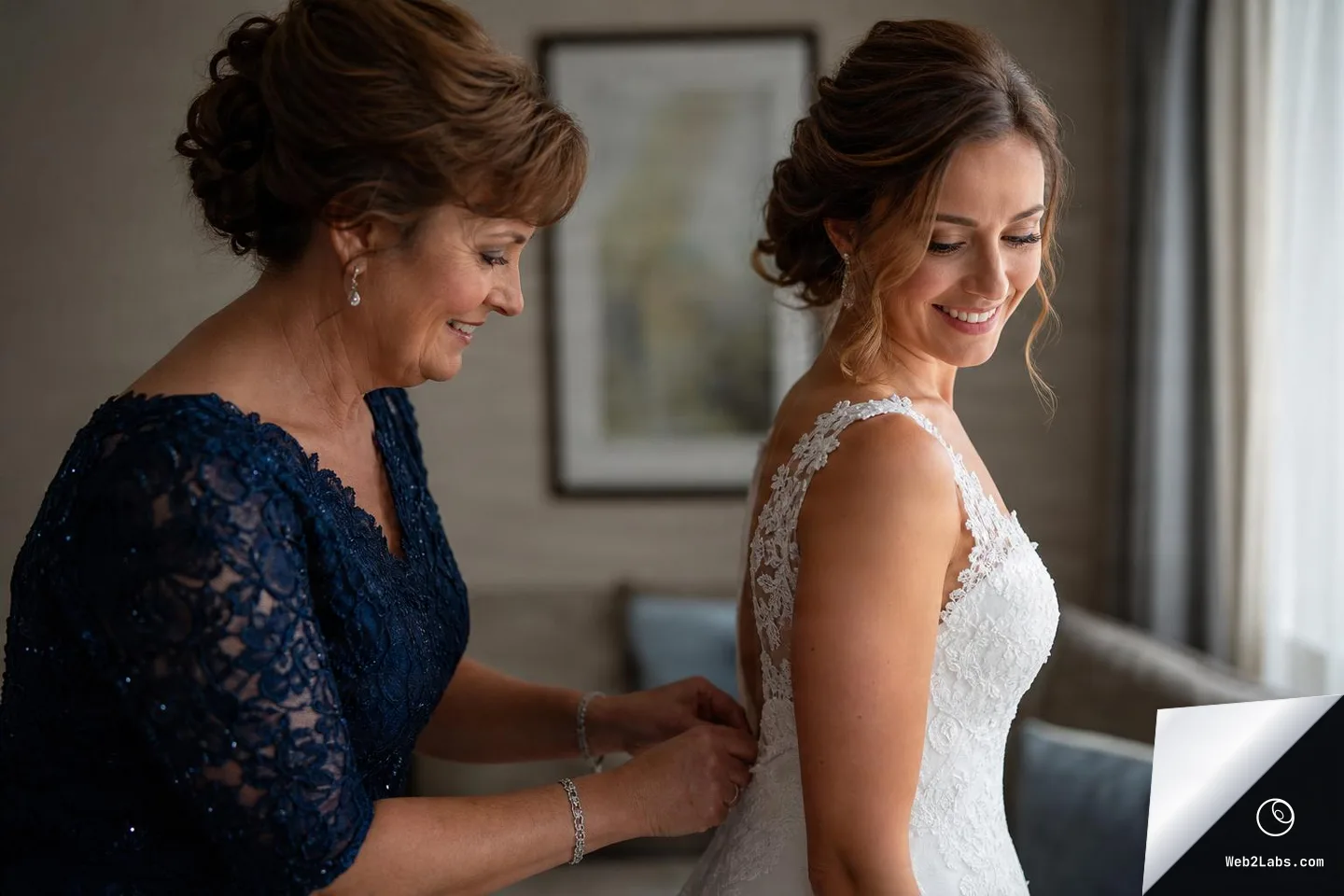 An older woman in a navy lace dress smiles while fastening the back of a bride's white lace wedding gown near a window in a softly lit room.