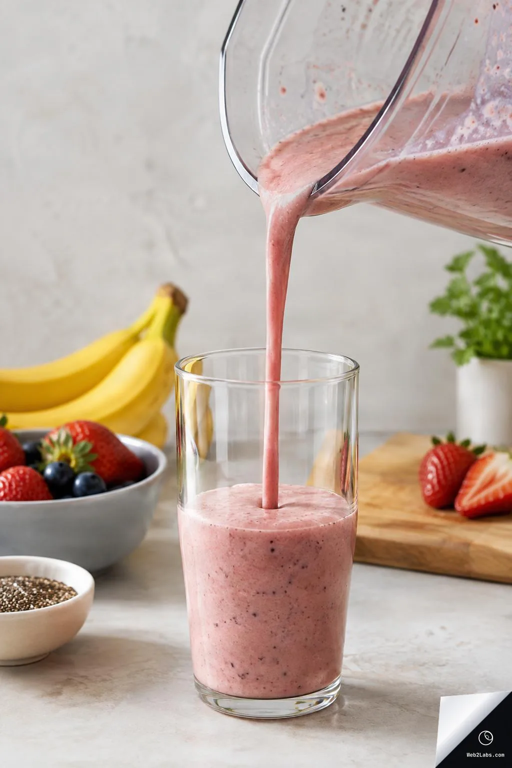 A pink berry smoothie pours from a blender pitcher into a clear glass on a light countertop, with bananas, strawberries, blueberries, and chia seeds in the background.