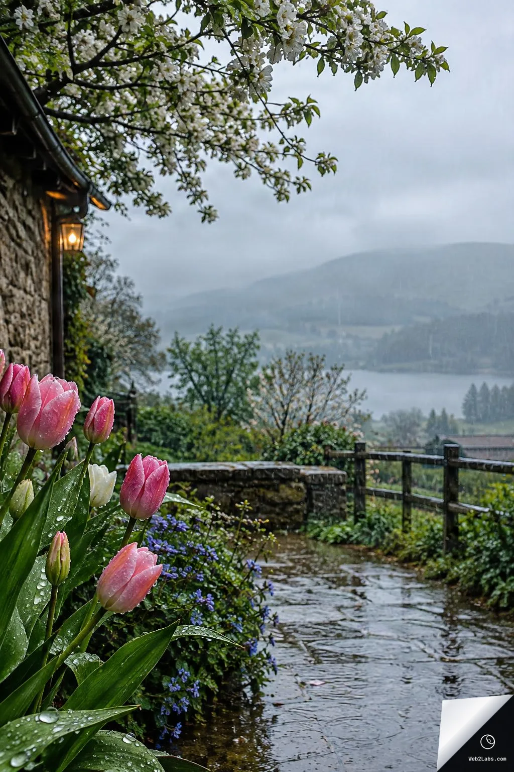 Pink tulips with raindrops beside a wet stone garden path, next to a cottage wall and lantern, with flowering branches above and a misty lake and hills in the distance under gray rainy skies.
