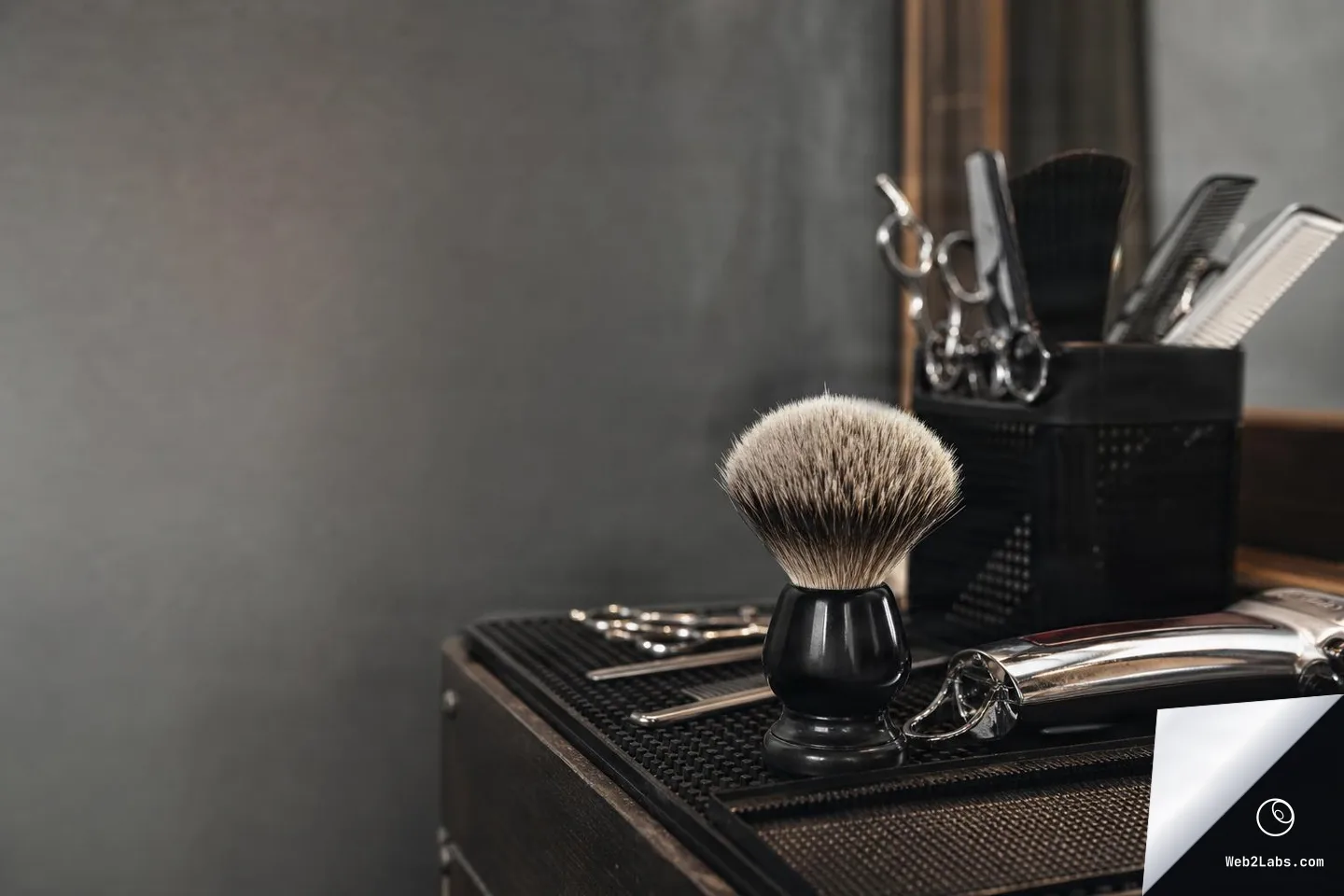 Shaving brush, scissors, combs, and electric hair clippers on a barber workstation with a tool holder in the background and empty gray wall space on the left.