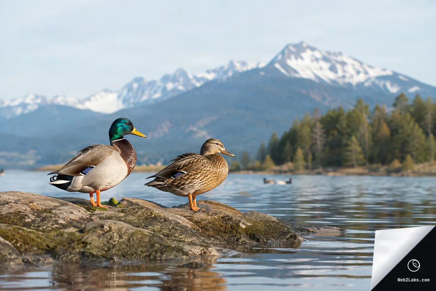 A male and female mallard duck standing on rocks at the edge of a lake, with distant ducks on the water and snow-capped mountains and pine trees in the background.