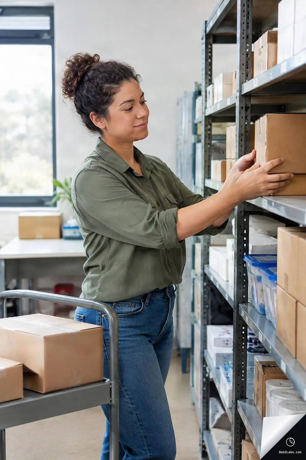A woman in a small warehouse or stockroom places a cardboard box onto a metal storage shelf beside a cart loaded with packages.