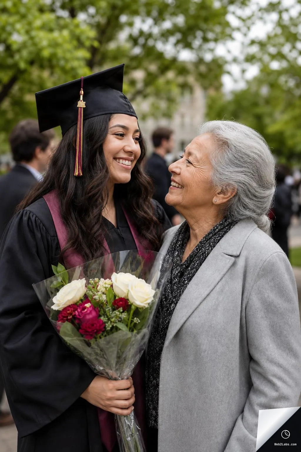 A young woman in a graduation cap and gown holds a bouquet while smiling at an older woman in a gray coat on a campus walkway with blurred people and trees behind them.
