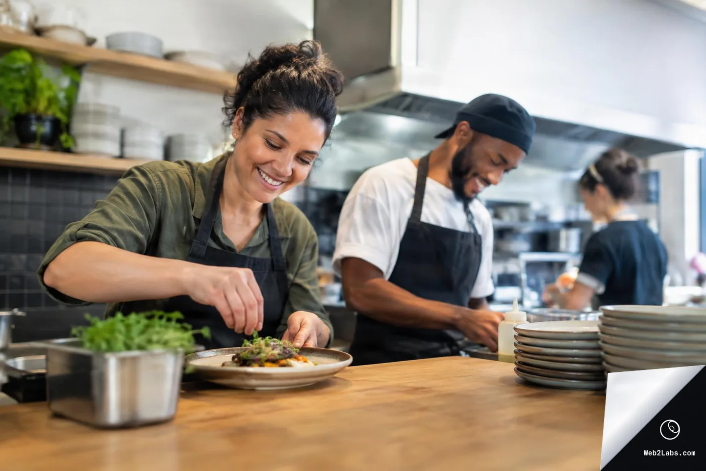 Chef in an apron garnishes a plated dish at a wooden counter while two coworkers prepare food in the background, with stacks of plates and kitchen equipment visible.