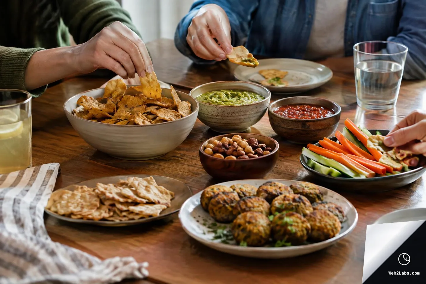 People sharing homemade snacks at a wooden table with bowls of chips, guacamole, salsa, mixed nuts, sliced carrots and cucumber, crackers, and a plate of small patties, with hands reaching for food and glasses of water nearby.