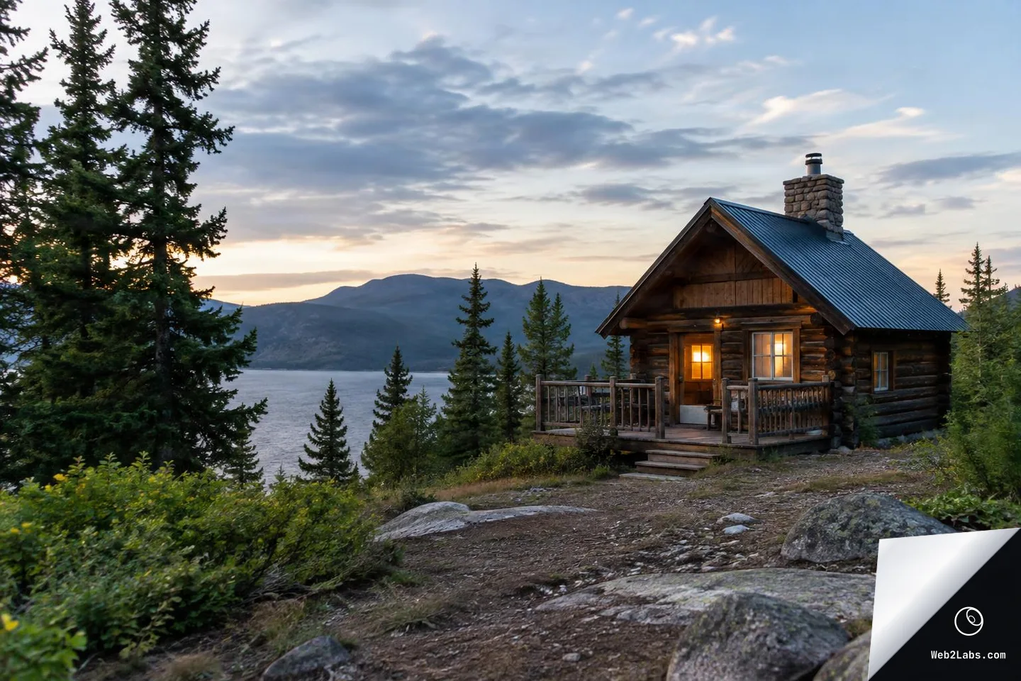 A small log cabin with warm lit windows and a metal roof sits on a rocky hillside among pine trees, overlooking a lake and distant mountains under a cloudy dusk sky.