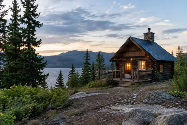 Lakeside Log Cabin at Dusk