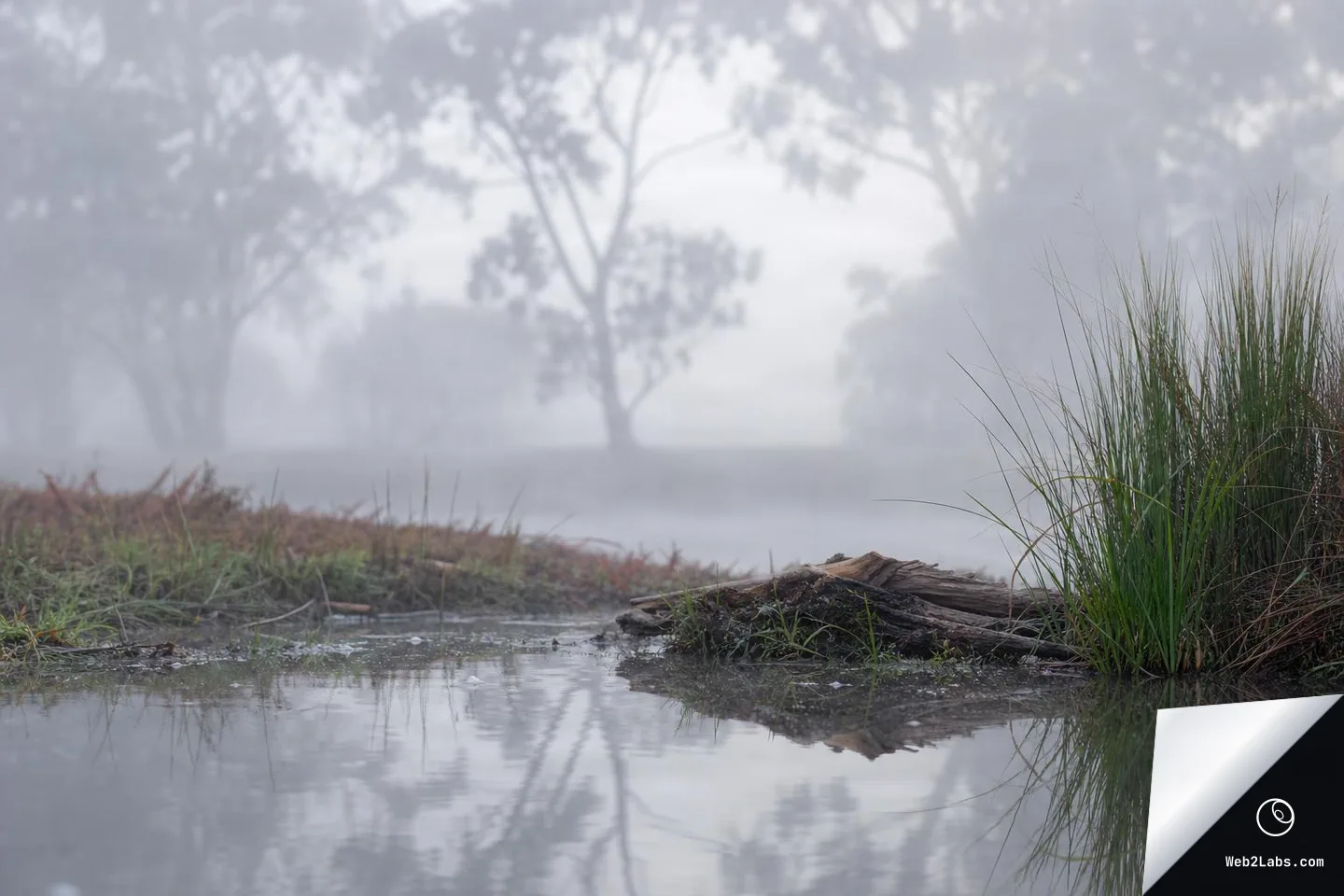 Low-angle view of a foggy pond shoreline with wet grass and a fallen log in the foreground, still water reflecting reeds and trees, and faint tree silhouettes in heavy morning mist.