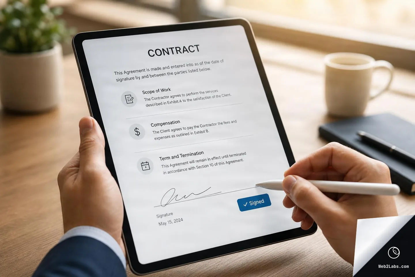 Hands holding a tablet on a desk while using a stylus to sign a digital contract; the screen shows contract sections and a blue "Signed" button, with a coffee mug and notebook in the background.