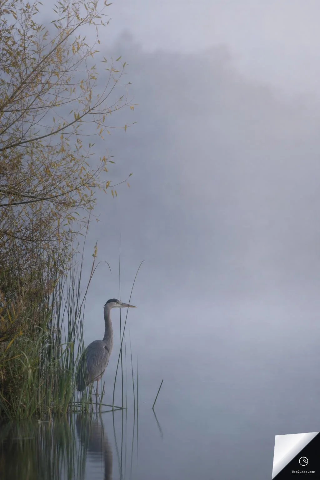 A heron stands in tall reeds along a lakeshore while thick morning fog covers the water, leaving open empty space to the right.