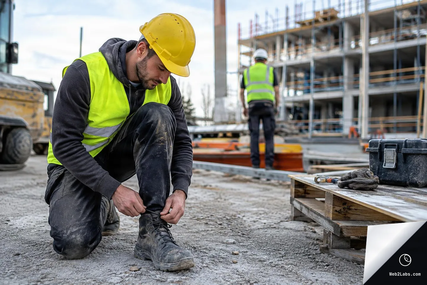 Worker in a yellow hard hat and hi-vis vest kneels on gravel tying his boot laces at a construction site, with another worker and a building under construction in the background.
