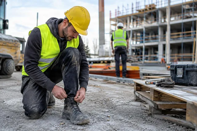 Construction Worker Tying Safety Boots