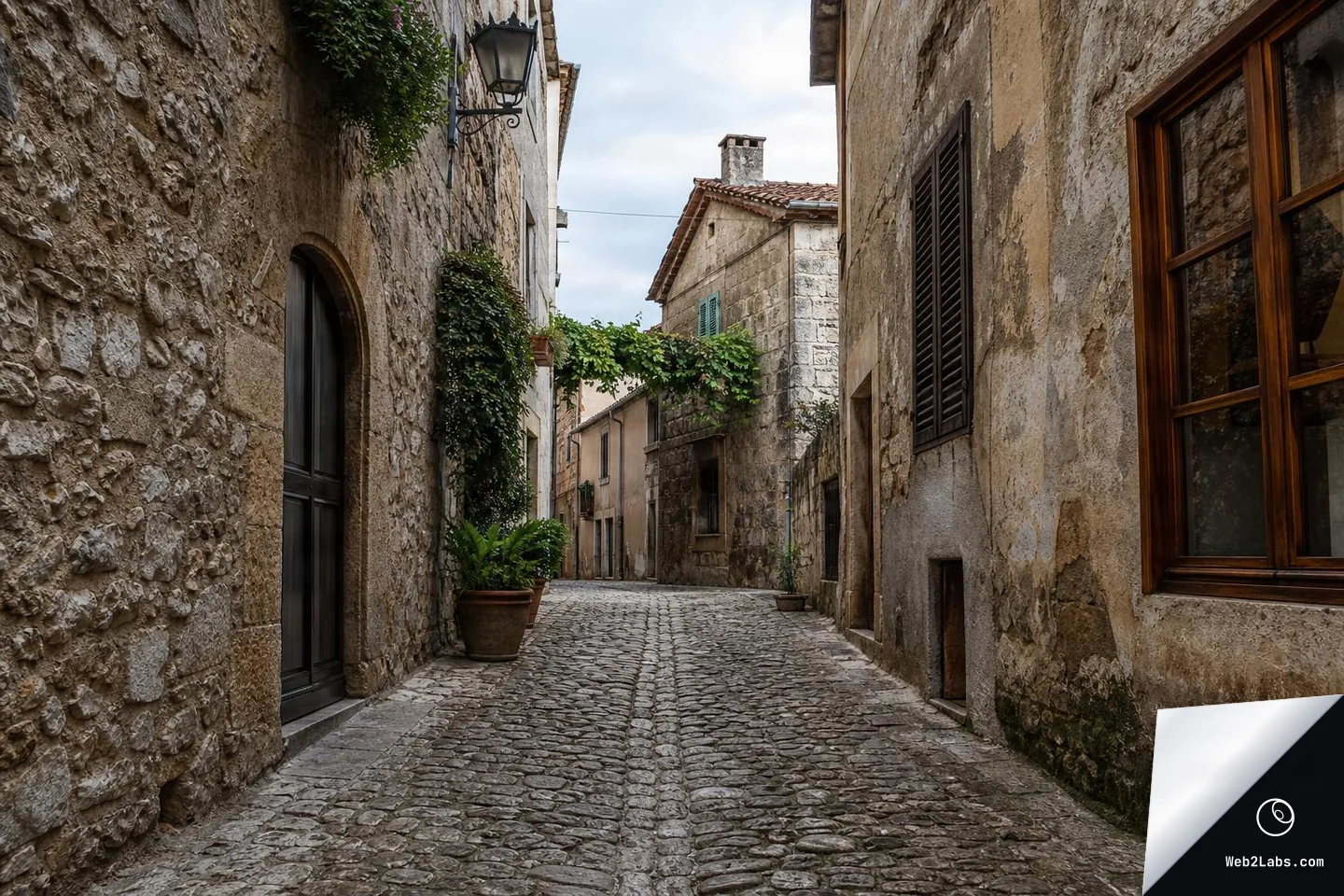Wide view down a narrow cobblestone alley between old stone buildings, with a wall lantern, shuttered windows, potted plants, and ivy stretching across near the far end under a cloudy sky.