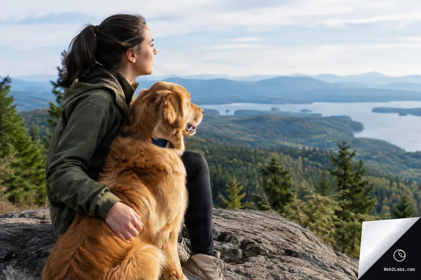 Woman in a green jacket sits on a rock with a golden retriever on her lap, both looking out over a forested valley with a lake and mountains in the distance under a partly cloudy sky.