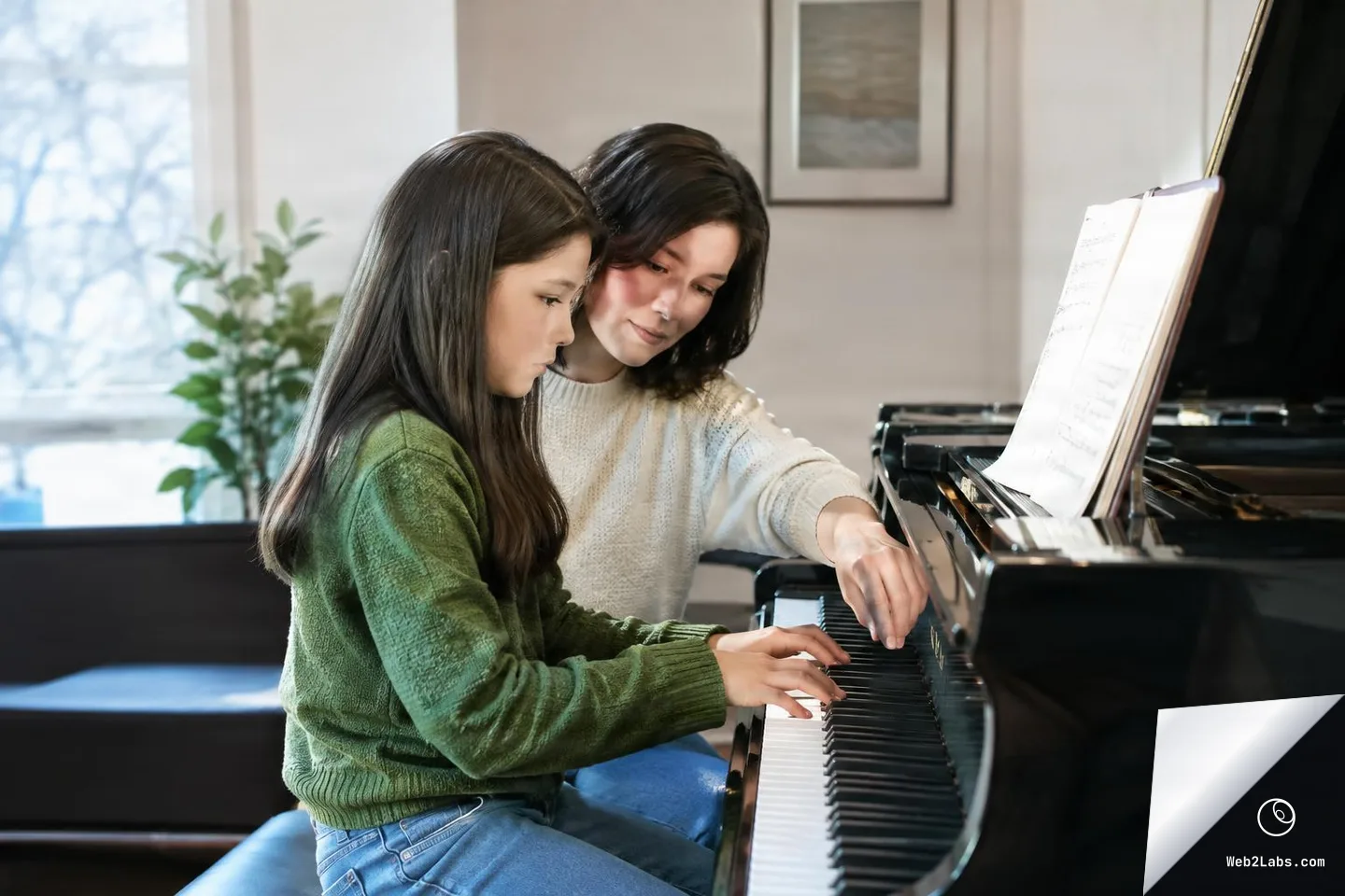 An adult instructor sits beside a young girl at an upright piano, pointing at the keys while the girl plays and looks toward the sheet music in a bright living room.