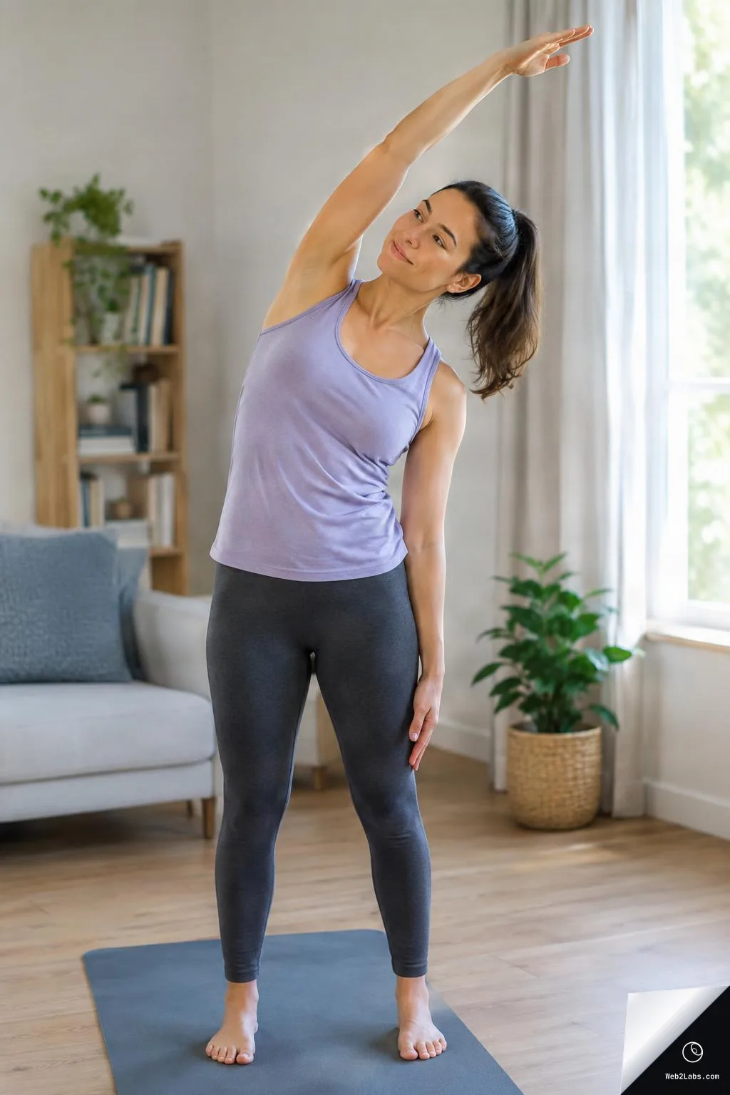 Woman in workout clothes doing a standing side stretch on a yoga mat in a bright living room with a sofa, bookshelf, and plants near a window.