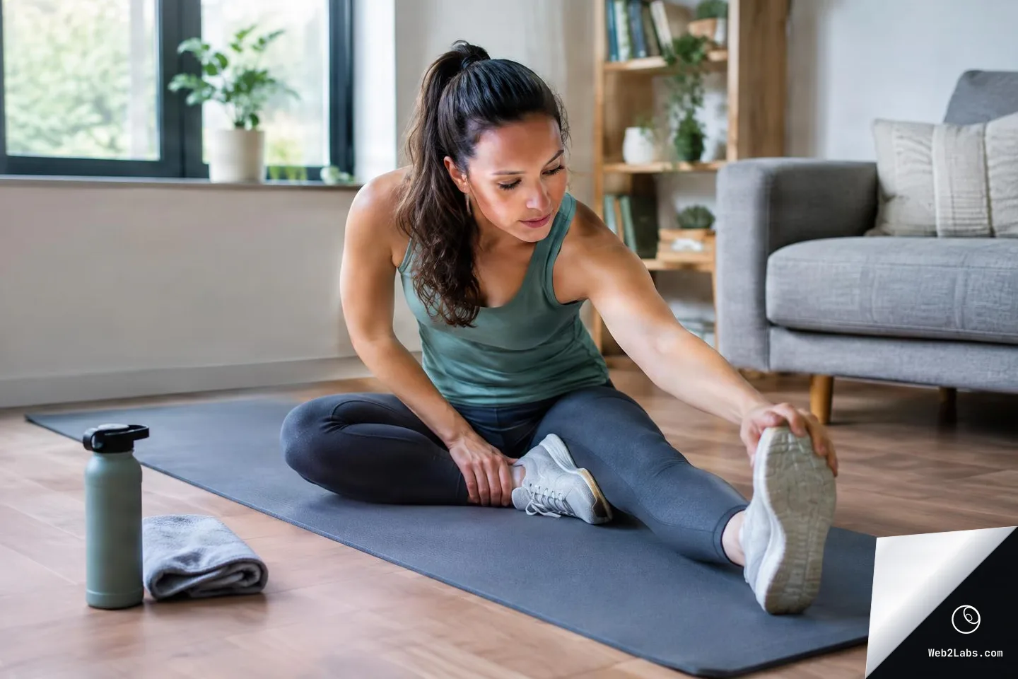 Woman sitting on a yoga mat in a living room stretching one leg forward and reaching toward her shoe, with a water bottle and folded towel on the floor nearby.