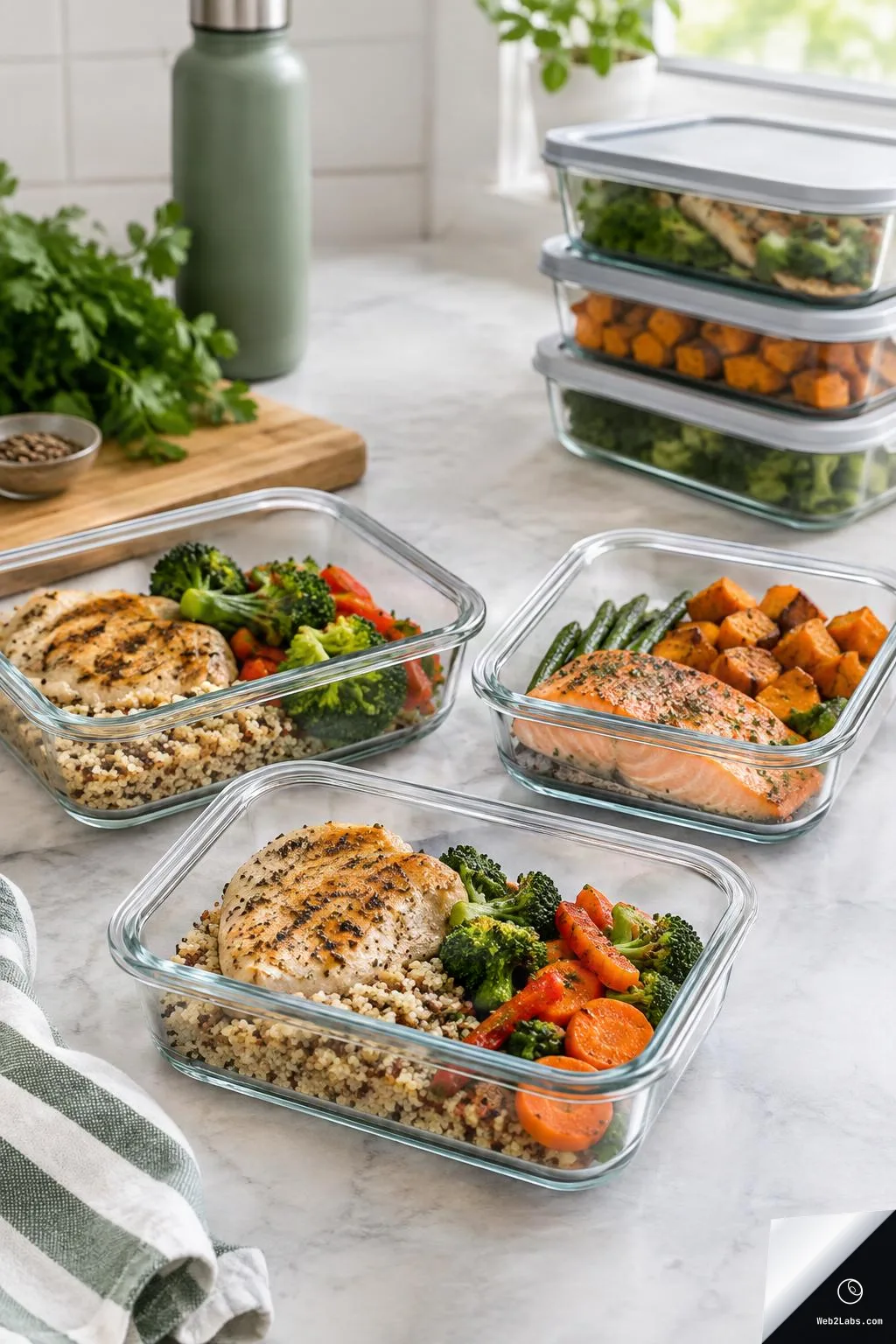 Three glass meal prep containers with chicken or salmon, quinoa, and vegetables on a marble counter, with stacked containers, a water bottle, and herbs in a bright kitchen background.