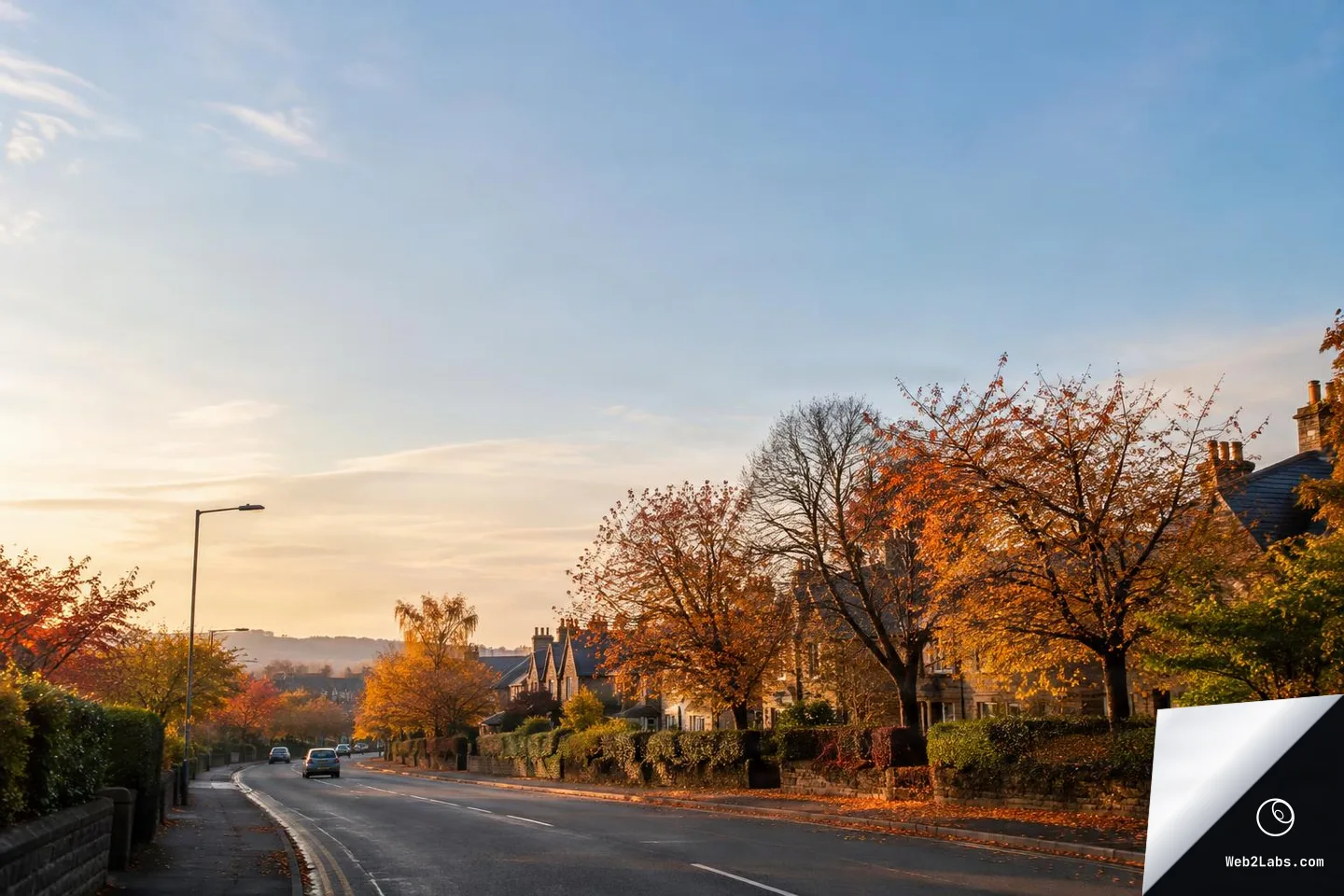 Quiet residential road curving into the distance with cars, stone houses, and orange autumn trees under a large clear blue sky at golden hour.