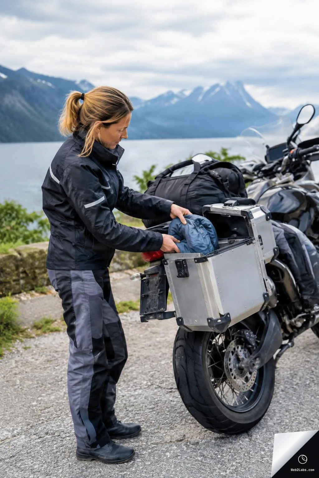 Woman in riding gear packs clothing into an open aluminum side case on a touring motorcycle parked by a lake with mountains in the background.