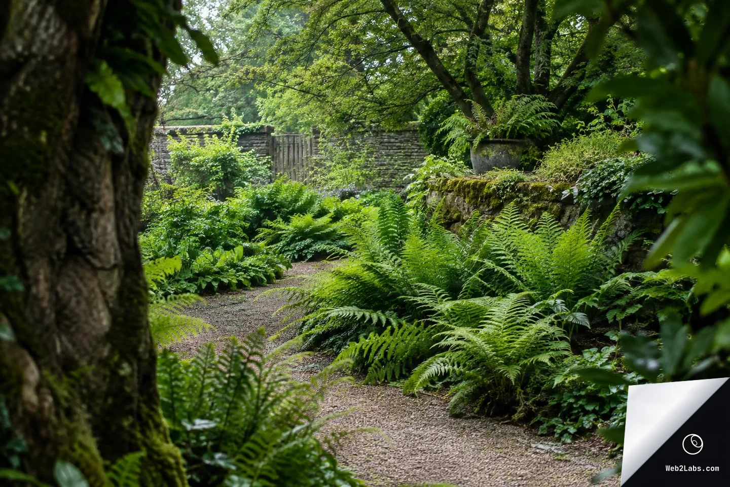 A gravel path winding through dense green fern beds in a shaded garden, with a large tree trunk in the left foreground, leafy branches overhead, and a stone wall and potted fern in the background.