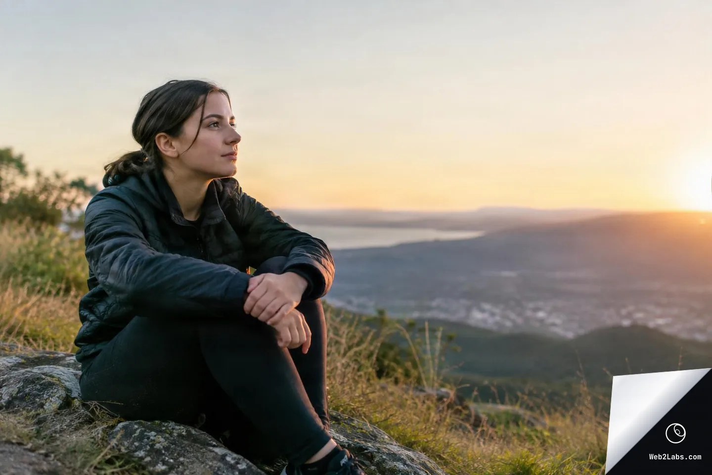 Woman in a dark jacket sits on a rock on a grassy hillside, looking toward a sunrise over a valley and distant water.