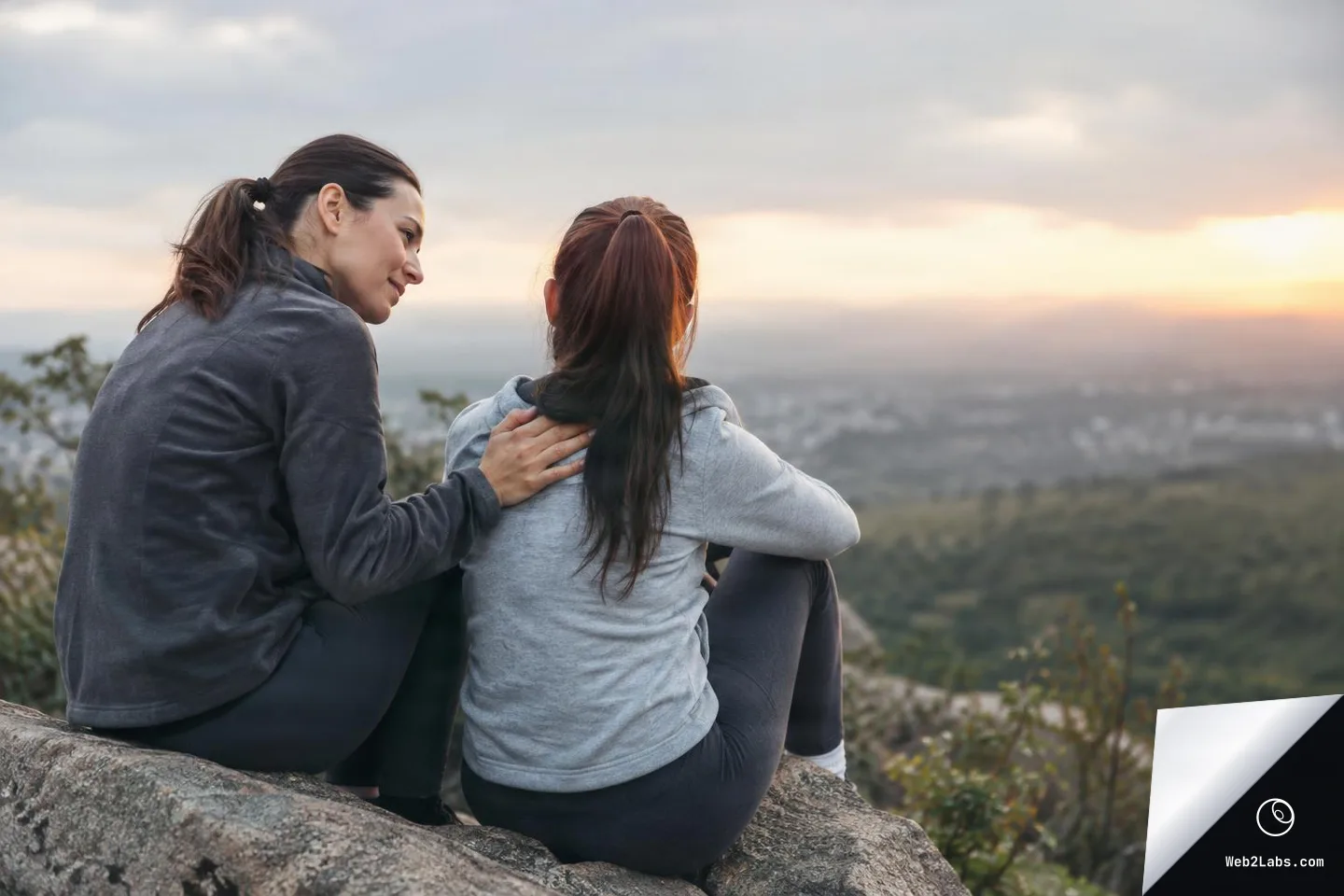Two women sitting on a rock ledge overlooking a valley at sunset, one resting her hand on the other's shoulder as they look toward the horizon.