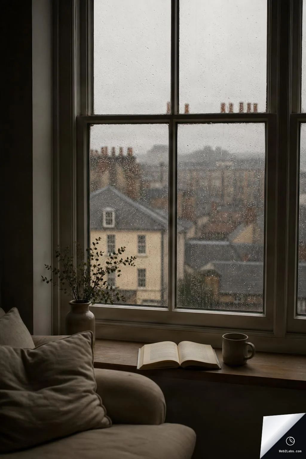 Rain droplets on a multi-pane window with a blurred view of city rooftops outside; inside, an open book and a mug sit on the windowsill beside a small vase, with a sofa in the foreground.