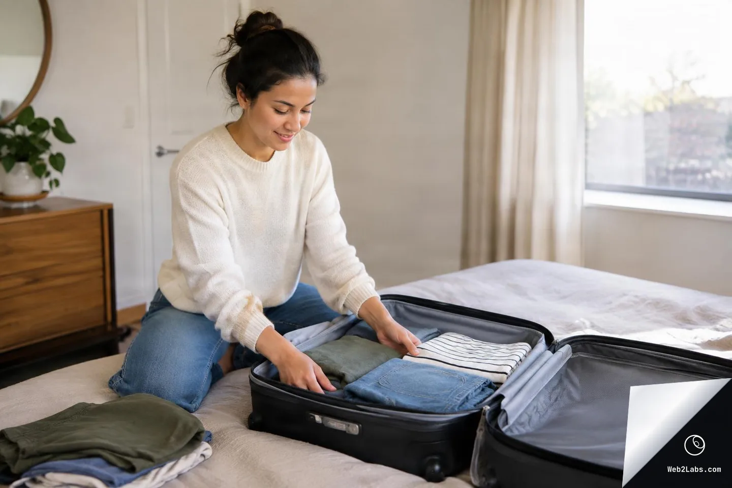 Adult woman sitting on a bed packing folded clothes into an open suitcase in a bright bedroom with a window in the background.