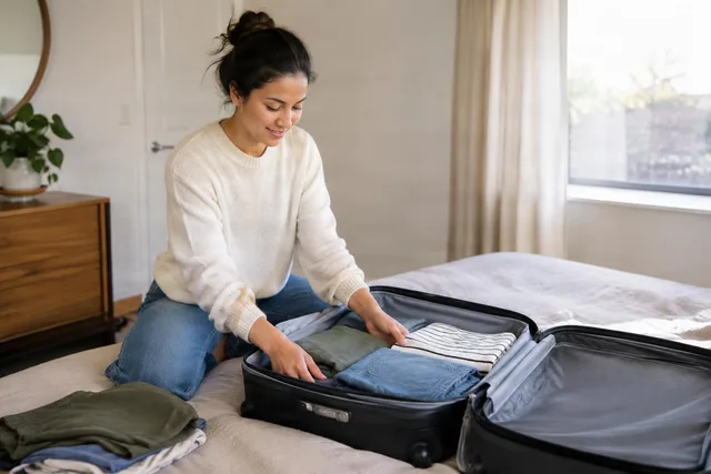 Woman Packing Suitcase on Bed