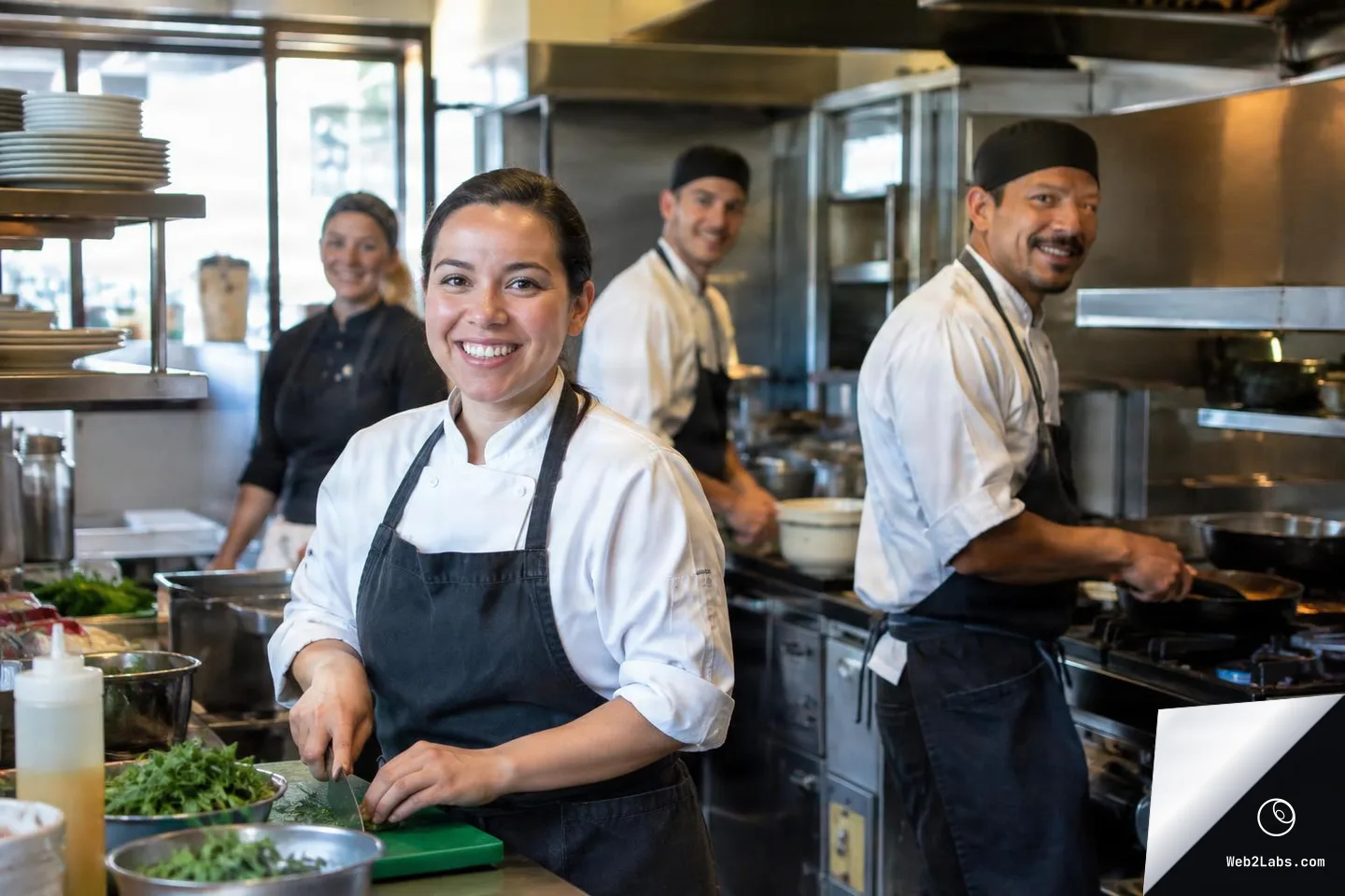 Smiling chef in a white jacket and dark apron chopping herbs on a prep table in a commercial kitchen, with three coworkers working behind her near stoves and shelves.