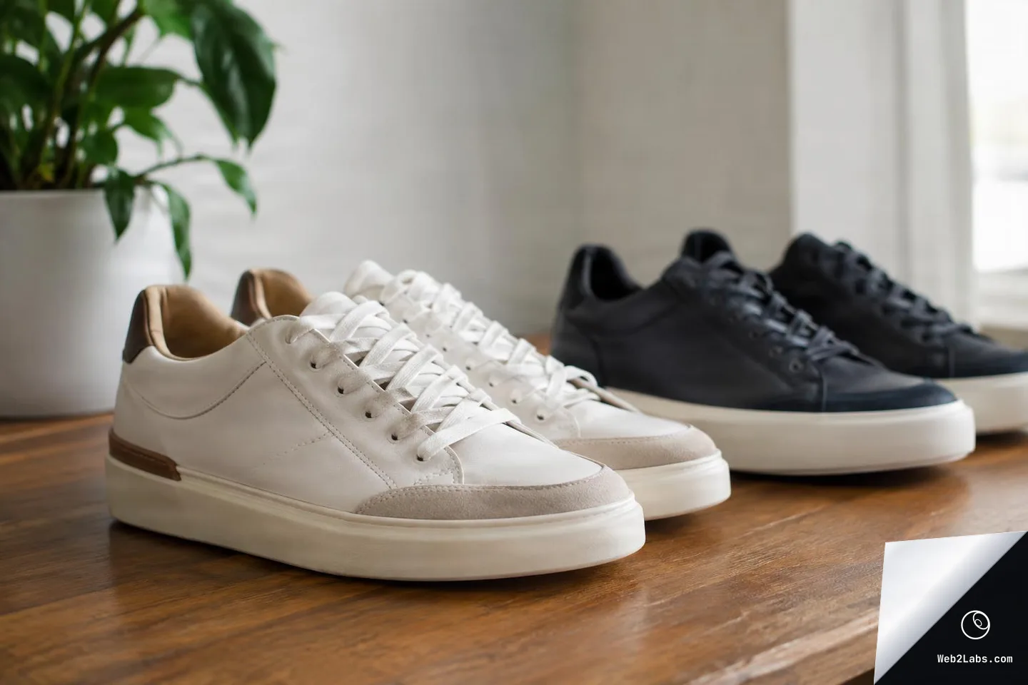 Two pairs of low-top sneakers, one white pair in the foreground and a black pair in the background, placed on a wooden table with a blurred houseplant and window light behind them.