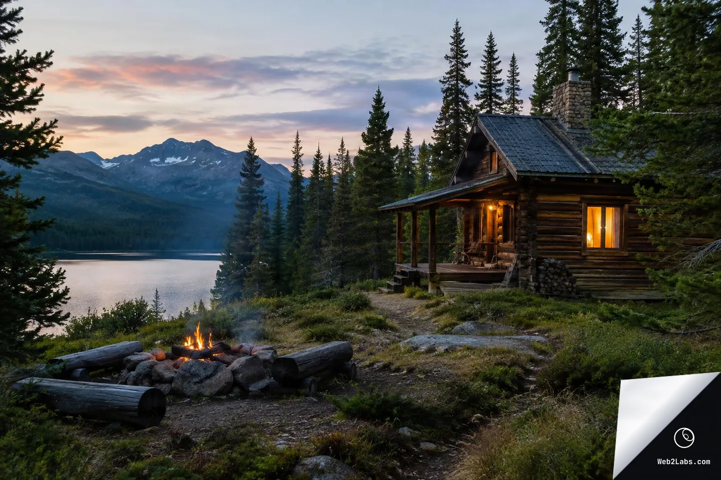 Log cabin in a pine forest beside a mountain lake at sunset, with warm light in the window and a small campfire in the foreground, mountains in the distance.