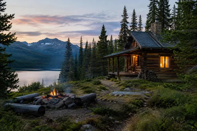 Lakeside Log Cabin at Dusk