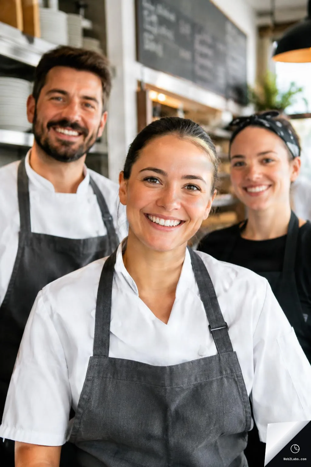 Three restaurant workers in aprons and chef jackets smiling at the camera inside a cafe, with shelves and a blurred menu board in the background.