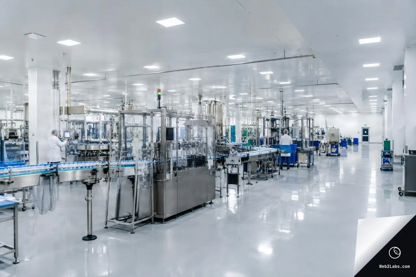 Wide interior view of a clean manufacturing facility with stainless steel machinery, conveyor lines, and two workers in lab coats and hairnets under bright ceiling lights.