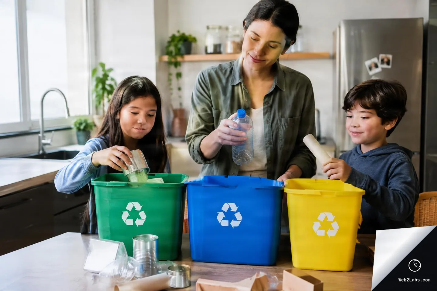 Woman and two children sorting a can, plastic bottle, and cardboard tube into green, blue, and yellow recycling bins on a kitchen table.