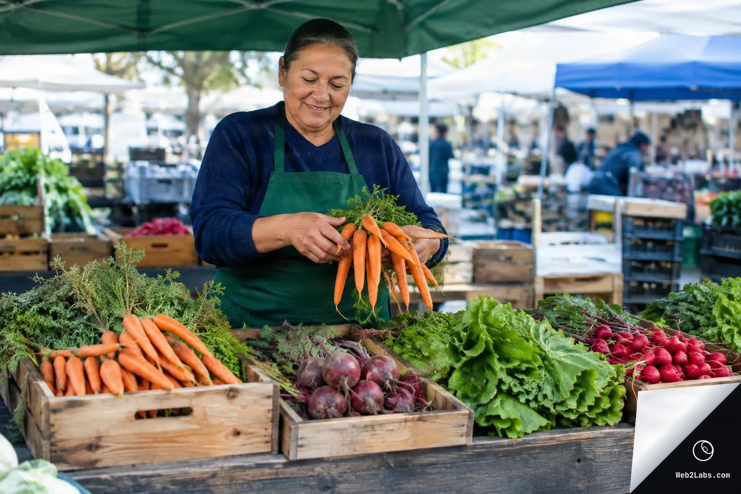 Smiling market vendor in a green apron holding a bunch of carrots behind a stall with wooden crates of carrots, beets, lettuce, and radishes at an outdoor farmers market.
