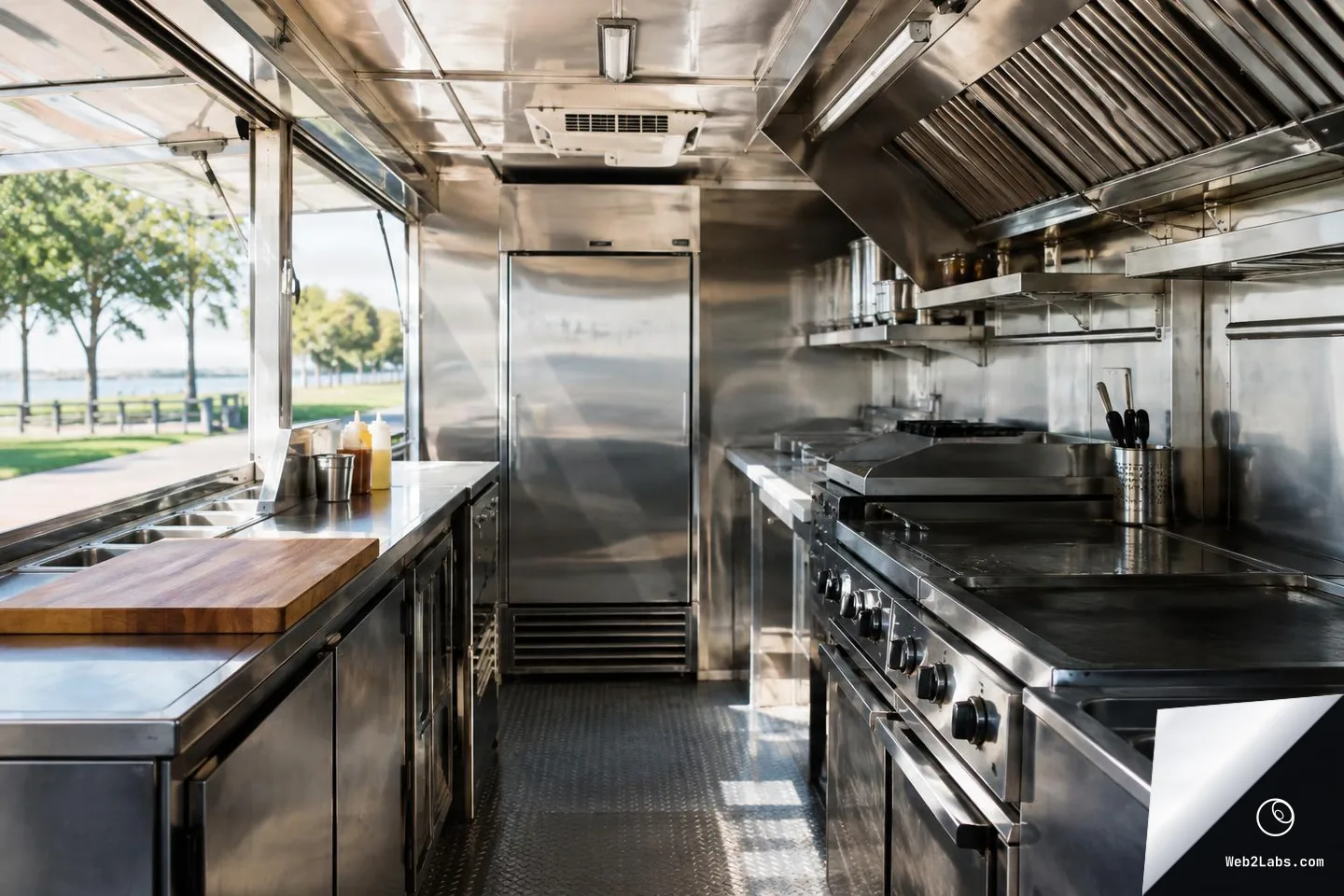 Interior of a stainless-steel food truck kitchen with prep counter and sink on the left, grill and ventilation hood on the right, and sunlight coming through the open service window with a park visible outside.