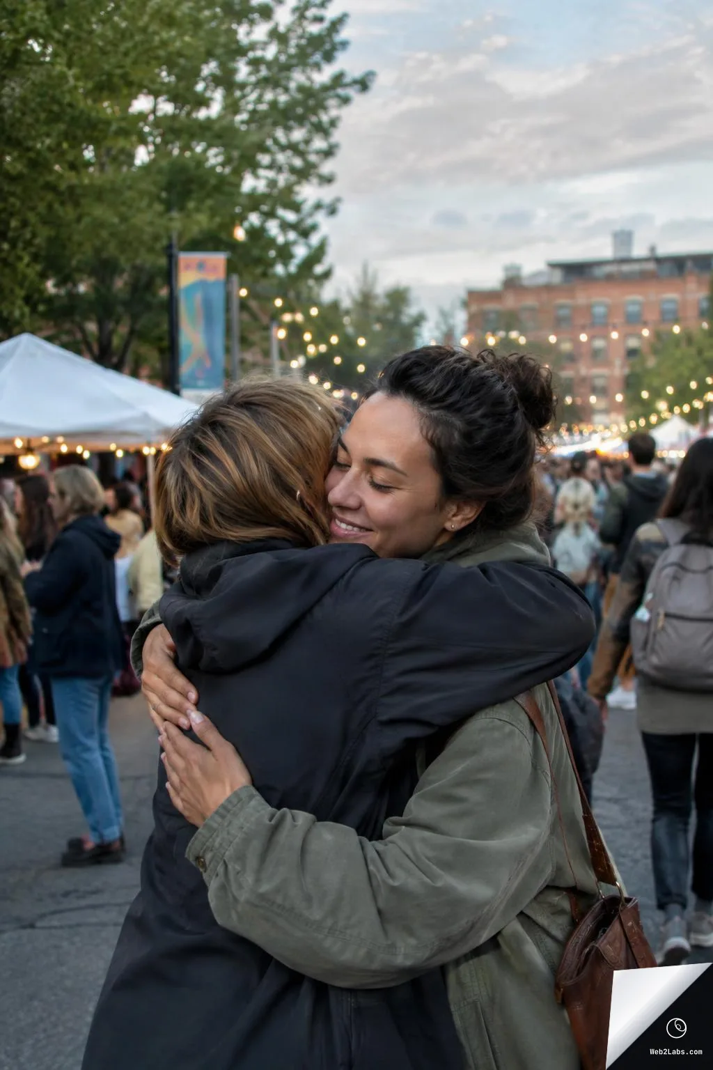 Two adults hug warmly at an outdoor street festival, with vendor tents, string lights, and a crowd blurred in the background at dusk.