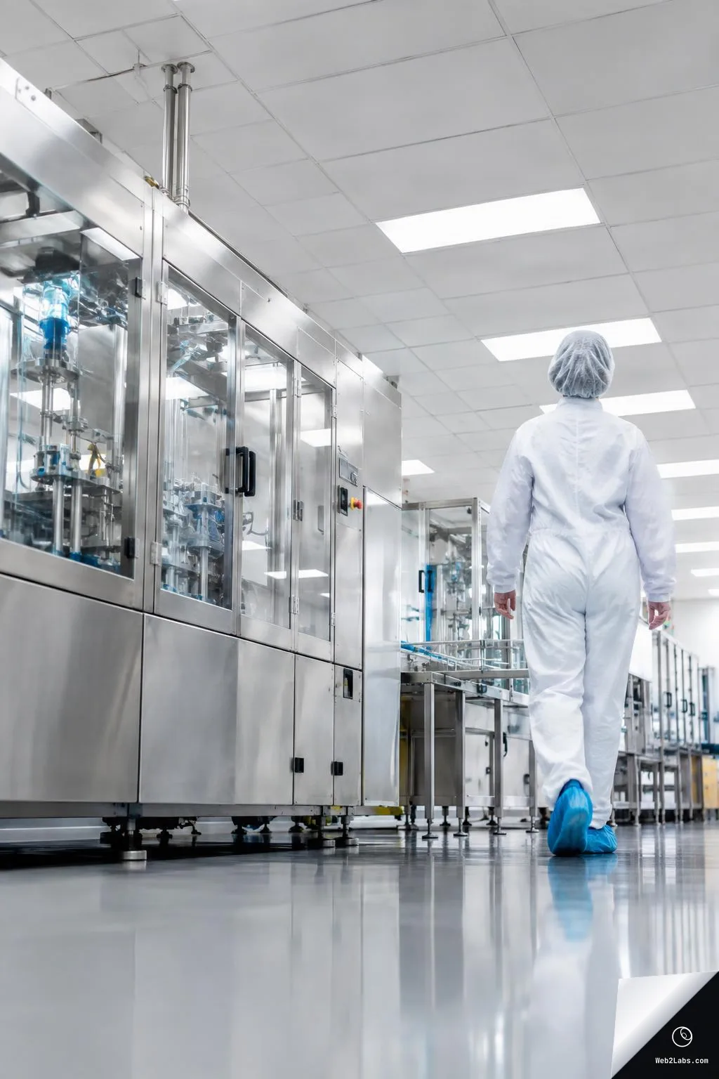 Low-angle view of a clean manufacturing facility corridor with stainless steel machinery on the left and a worker in white cleanroom coveralls, hairnet, and blue shoe covers walking away under bright ceiling lights.