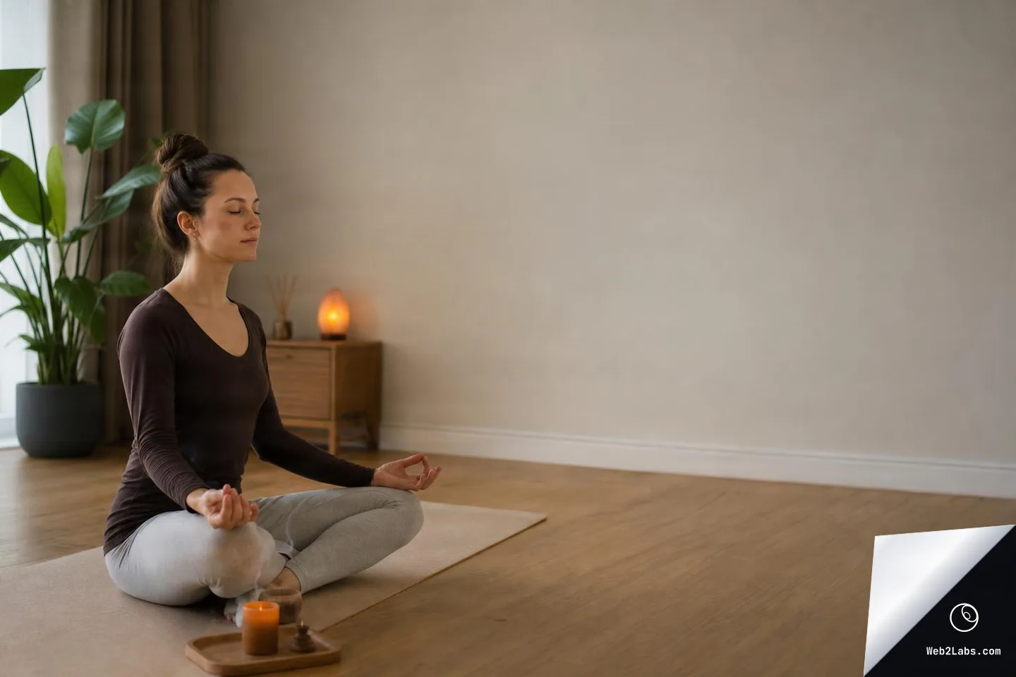 Woman sitting cross-legged on a yoga mat meditating with eyes closed in a minimalist room, with a candle tray in the foreground and large empty wall space on the right