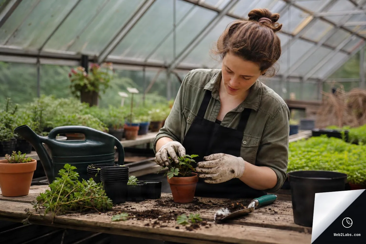 Woman wearing an apron and gardening gloves pots a small plant at a wooden bench inside a greenhouse, with a watering can, plastic nursery pots, a hand trowel, and scattered soil in the foreground.