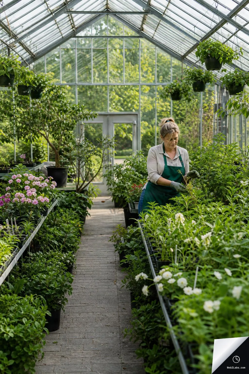 A woman in an apron and gloves works among rows of green plants inside a glass greenhouse, with hanging pots overhead and a brick walkway leading to a door at the back.