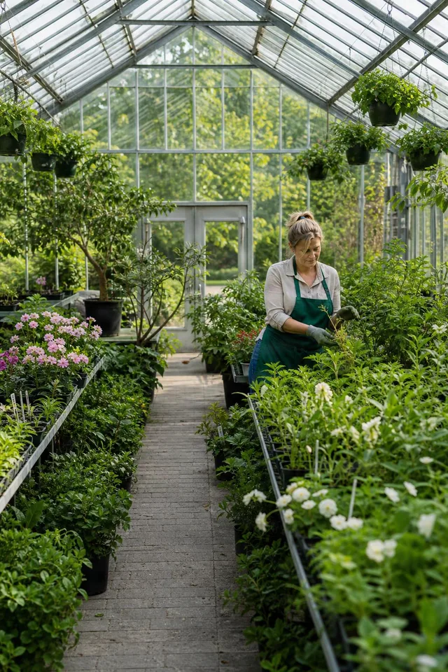 Gardener Tending Plants in Greenhouse